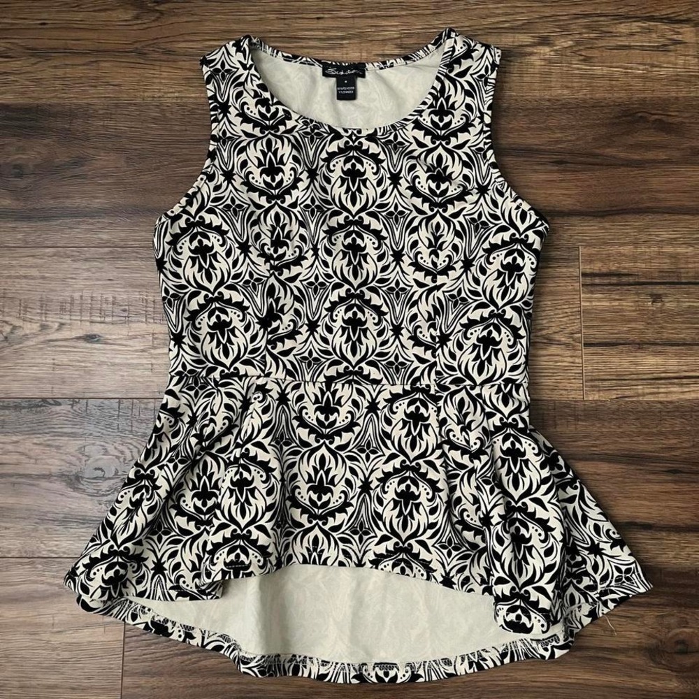 Vintage Y2K Black Velvet Cream Damask Peplum Top‎ Medium Goth Grunge Fairy Boho